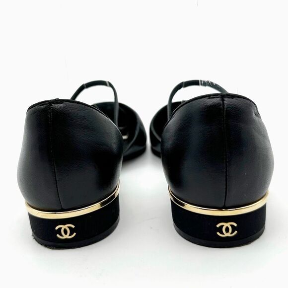 CHANEL Black CC Logo Mary Jane Ballet Flat Size 36.5 Leather Cap Pointed Toe - Picture 6 of 15